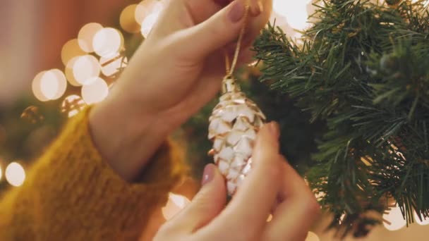 Hand Frau schmückt Weihnachtsbaum mit Weihnachtsbeleuchtung. — Stockvideo