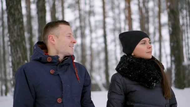 Close Man Woman Love Standing Winter Forest Hugging Each Other — Stock Video