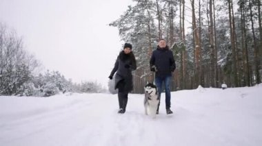 İnsanlar ormandaki bir yolda. Bir adam ve bir Sibirya Husky köpek ormandaki karda bir çocukla bir atlı kızak çekerek vardır. Bir kadın ormanda yürüyor