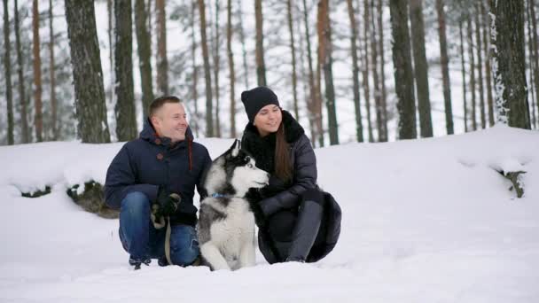 舐めているアラスカン ・ マラミュート犬を抱いてかわいい幸せなカップルの家族の肖像画の顔をマンします。面白い子犬のサンタを身に着けているクリスマスの鹿の角とキスの女性。自由ライフ スタイル ペット愛好家. — ストック動画