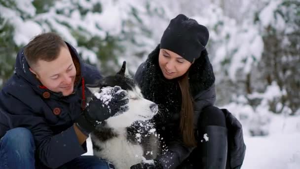 Belle famille, un homme et une fille dans la forêt d'hiver avec chien. Jouer avec le chien husky sibérien . — Video