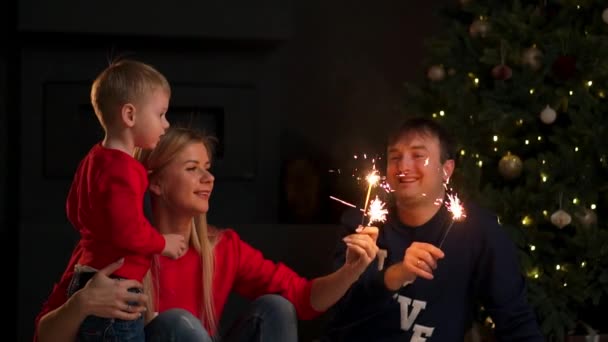 Famiglia Felice Fuoco Del Bengala Notte Madre Che Tiene Sparkler — Video Stock