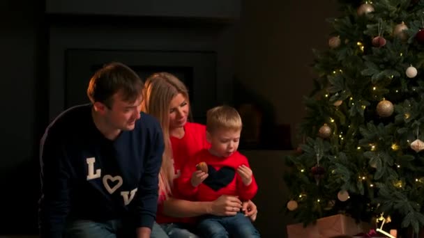 Los niños en el árbol de Navidad comen galletas en la víspera de Navidad. Familia con niños celebrando la Navidad en casa. Muchacho abriendo regalos. Regalos de vacaciones para niño . — Vídeos de Stock