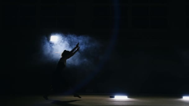Talentosa ginasta menina executa uma virada em um salto sobre o tapete de ginástica em câmera lenta em uma luz contornada na fumaça. Uma câmara fixa. rotação no ar — Vídeo de Stock
