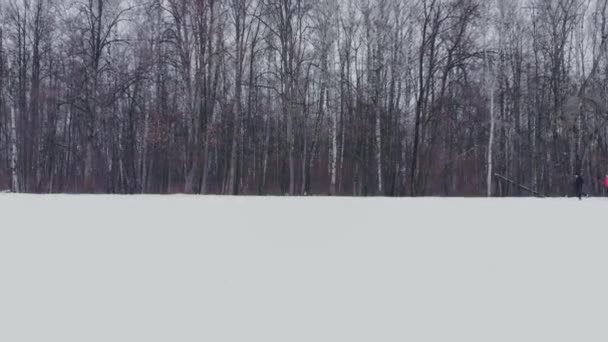 Un hombre y una mujer corren en el invierno a través del bosque entrenando y haciendo su salud. Mañana trotando, estilo de vida saludable. Antena — Vídeos de Stock