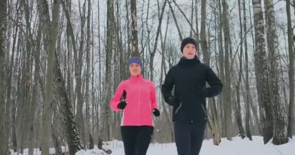 Een mooie vrouw en een man lopen in het bos in de winter een goede voeding en een gezonde levensstijl. Slow motion. — Stockvideo