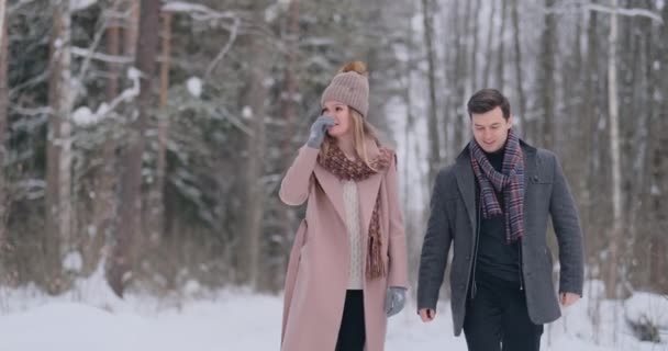 Na floresta nevada de inverno, homens e mulheres jovens vestidos com casacos e lenços estão andando e se divertindo. Amante casal passar juntos dia dos namorados . — Vídeo de Stock