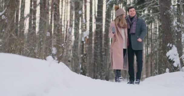 Junges verliebtes Ehepaar beim Wandern im Winterwald. ein Mann und eine Frau schauen einander lachend und lächelnd in Zeitlupe an. Valentinstag Liebesgeschichte. — Stockvideo