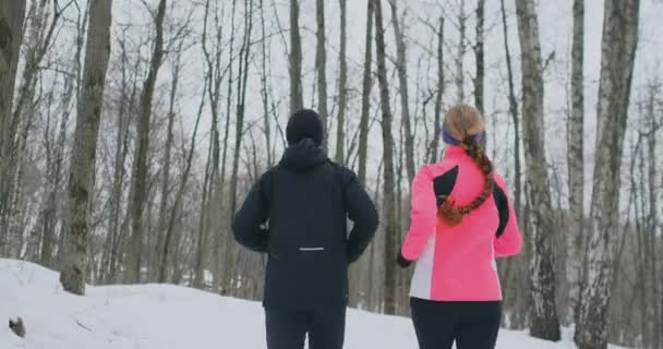 积极美丽的年轻健康夫妇在阳光明媚的冬日早晨穿着运动服在森林里奔跑。从后面的视图 — 图库视频影像