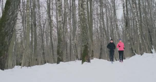 Uomo e donna corrono nel parco in inverno al rallentatore — Video Stock