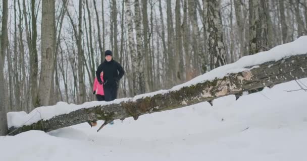 Un uomo e una donna corrono nel parco d'inverno e saltano sopra un albero caduto. Oltrepassare l'ostacolo — Video Stock