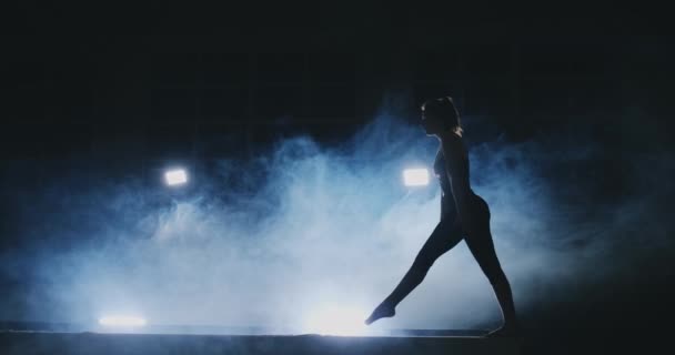 A menina é um atleta profissional executa truque acrobático ginástica em um feixe de luz de fundo e câmera lenta em roupas de ginástica esportiva. Fumo e azul. Saltar e girar no feixe de equilíbrio — Vídeo de Stock