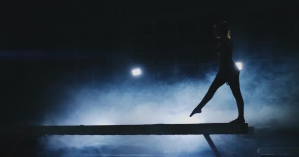 Het meisje voert een truc op een logboek in tegenlicht en slow in sport gymnastiek kleding. Rook en blauw. Springen en draaien op de evenwichtsbalk — Stockvideo