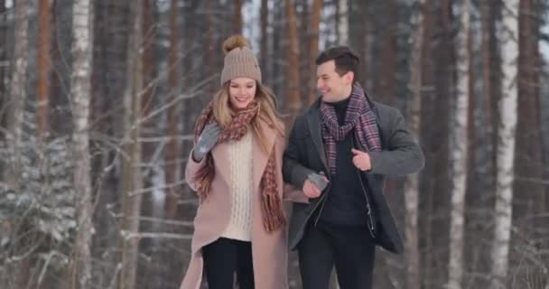 Jovem casal feliz no Parque de Inverno se divertindo. Família ao ar livre. amor — Vídeo de Stock