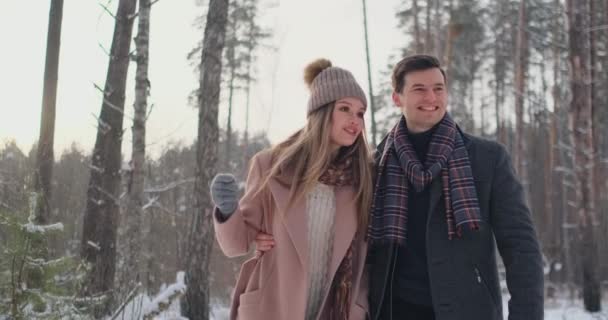 Na floresta nevada de inverno, homens e mulheres jovens vestidos com casacos e lenços estão andando e se divertindo. Amante casal passar juntos dia dos namorados . — Vídeo de Stock