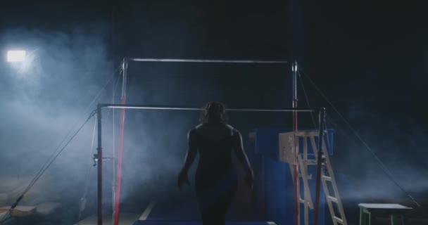 In slow motion in the smoke girl acrobat on the crossbar performs rotation and jumping with a coup. Competitions in gymnastics. — Stock Footage In slow motion in the smoke girl acrobat on the crossbar performs rotation and jumping with a coup. Competitions in gymnastics. Royalty Free Stock Video