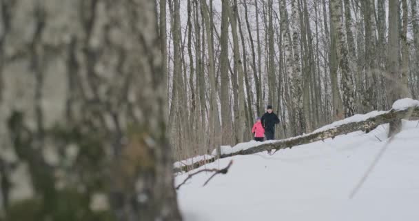 Positiva bella giovane coppia sana in esecuzione con abbigliamento sportivo attraverso la foresta nella soleggiata mattina d'inverno. Saltare sopra l'albero, superare le difficoltà del percorso. scavalcare un ostacolo — Video Stock
