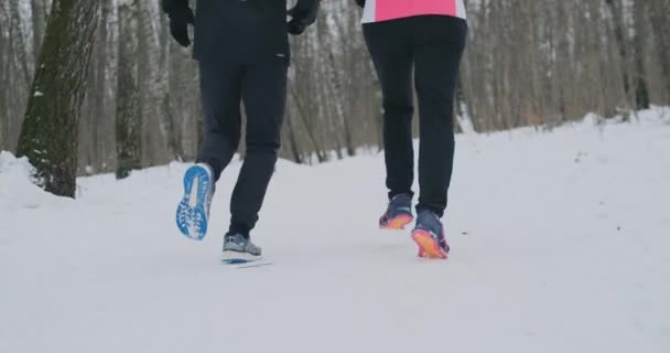 Närbild på fötterna i två löpare i sneakers som kör på vintern i parken. Gift par går in för sport. — Stockvideo