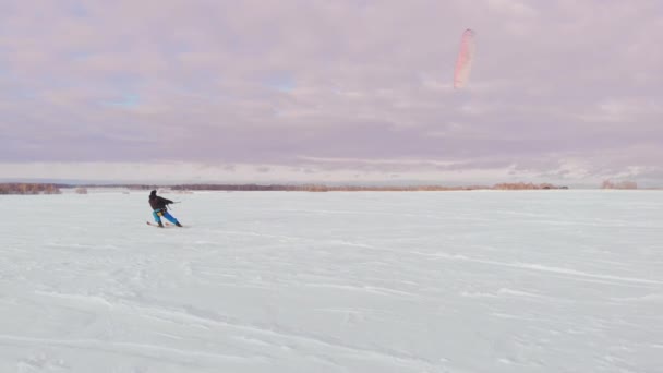 Un uomo sta sciando nella neve in un campo al tramonto. Il suo paracadute tira. Kite surf sulla neve .. — Video Stock