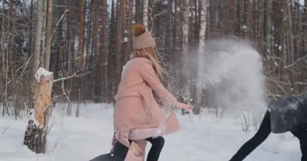 Slow motion - par snöboll kämpar i ett fält. De avslutar sin kamp på en bra villkor med en hög fem. — Stockvideo