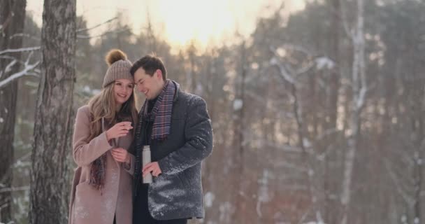 Pareja feliz sosteniendo tazas de té caliente sobre el paisaje de invierno. Pareja joven enamorada en unas vacaciones de invierno, parada junto a un árbol y bebiendo una taza de té caliente — Vídeos de Stock