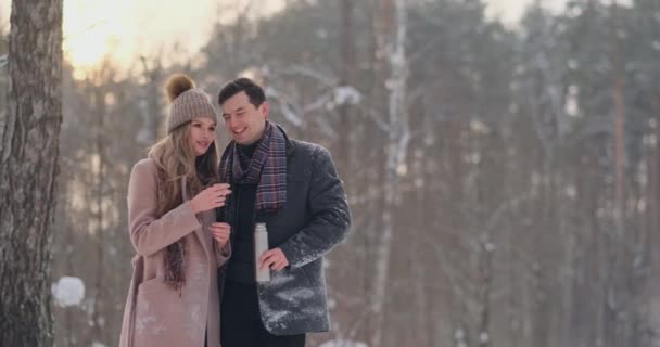 Een liefdevol paar man en vrouw in de winter woud drinken thee uit een thermos. Stijlvolle man en vrouw in een jas in het Park in de winter voor een wandeling. Slow motion — Stockvideo