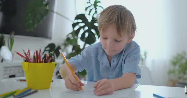 Um menino em uma camiseta azul sentado na cozinha na mesa desenha um lápis fazendo o treinamento pré-escolar de lição de casa — Vídeo de Stock