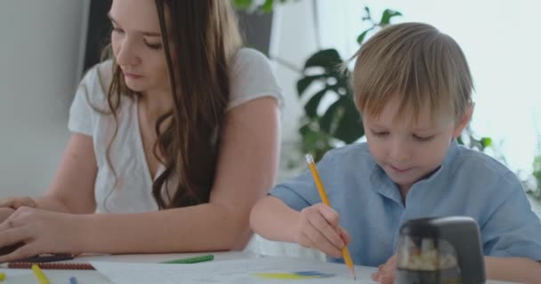 Mamma berömmer två söner för deras ritningar. Familjestöd och barnomsorg, moderskap — Stockvideo