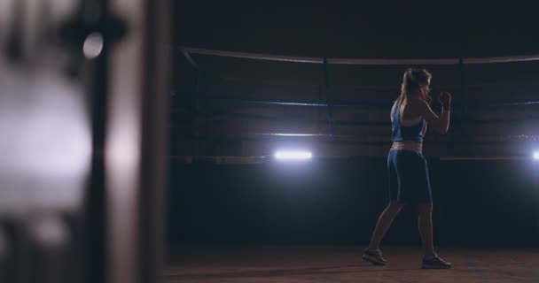 Arka ağır çekimde ışık ile karanlık odada eğitim kadın boksör. steadicam vurdu — Stok video