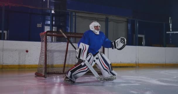 Professional hockey player attacks the gate and strikes, but the goalkeeper beats the puck. A goal in hockey. Puck scored — Stock Video