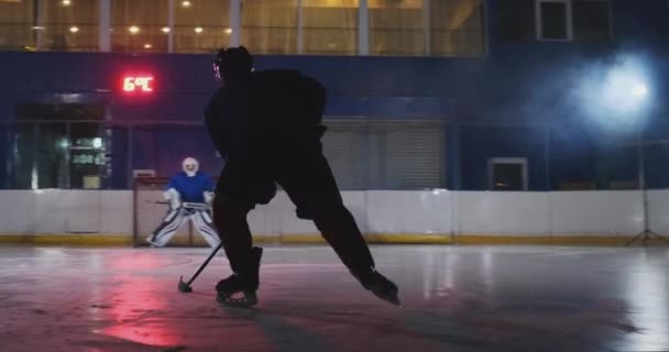 Hockeyspeler voert een aanval op het doel van de tegenstanders. Liggend in een helm vangt de puck en slaat de wedstrijd. Hockey speler man van de wedstrijd — Stockvideo