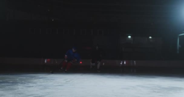 Двоє професійних хокеїстів борються за шайбу на льодовиковій арені, використовуючи силові методи — стокове відео