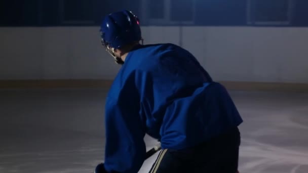 Profesionální sportovec mužské hokejista obrací na kameru s PUK a udeří soupeři gól a skóre