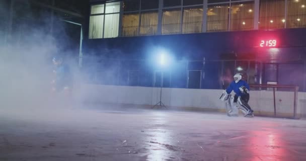 Professionell ishockeyspelare attacker porten och strejker, men målvakten slår pucken. Ett mål i hockey. Pucken gjorde — Stockvideo