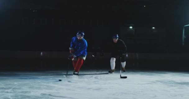 Due giocatori professionisti di hockey vanno a Luda nella lotta per il disco. la ricezione di potenza — Video Stock