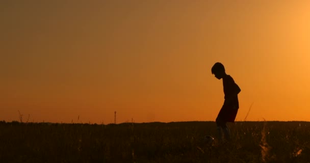 Silueta de un niño jugando al fútbol al atardecer. Un niño hace malabares con una pelota en el campo al atardecer — Vídeo de stock