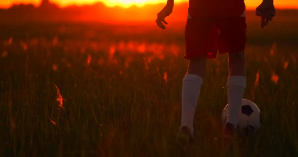 Pés menino jogador de futebol correndo ao pôr do sol com uma bola — Vídeo de Stock