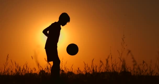 Σιλουέτα ενός αγοριού που παίζει ποδόσφαιρο στο ηλιοβασίλεμα. Ένα αγόρι μια μπάλα στο πεδίο juggles στο ηλιοβασίλεμα — Αρχείο Βίντεο
