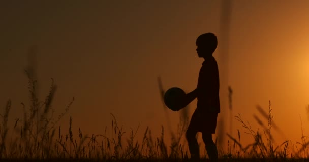 Sylwetka chłopiec żongluje piłkę w polu o zachodzie słońca. — Wideo stockowe