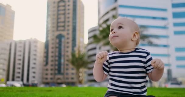 Het kind zit op het gras in de zomer en lachen klappen — Stockvideo