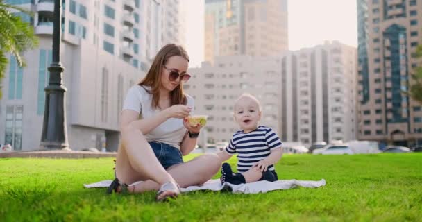 Jovem mãe com bebê sentado na grama no parque almoçando — Vídeo de Stock