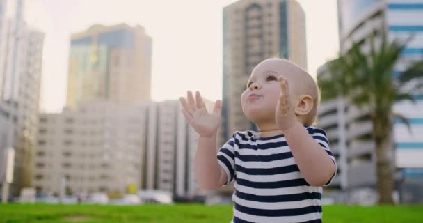 子供は夏に草の上に座り、拍手をして笑う — ストック動画