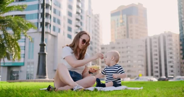 Parkta çimlerin üzerinde oturmuş öğle yemeği yiyen bebekle genç bir anne. — Stok video