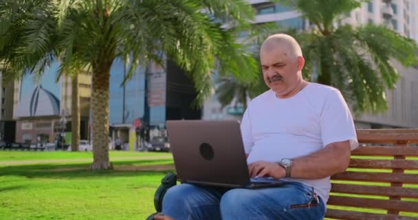 Ανώτερος άνθρωπος κάθεται στο πάρκο με φορητό υπολογιστή το καλοκαίρι και συνομιλία — Αρχείο Βίντεο
