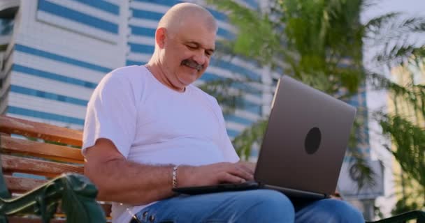 Homem sênior sentado no parque com laptop no verão e conversando — Vídeo de Stock