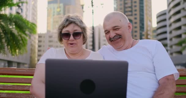 Heureux couple de personnes âgées assis sur un banc en été dans une ville moderne avec un ordinateur portable parmi les palmiers sur le fond des gratte-ciel — Video