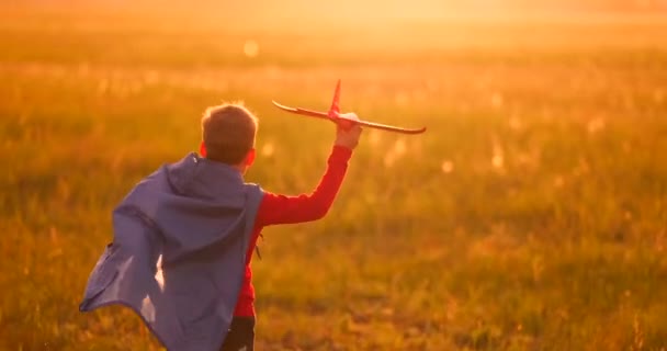 El chico corre por el campo con un avión en sus manos al atardecer — Vídeo de stock