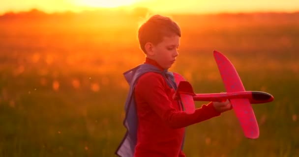 The boy runs across the field with a plane in his hands at sunset — Stock Video