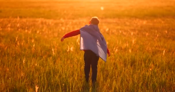 A child in the costume of a superhero in a red cloak runs across the green lawn against the backdrop of a sunset toward the camera — Stock Video
