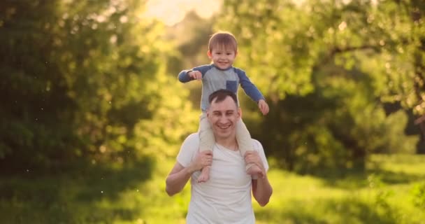 Liefdevolle vader glimlacht wandelen met het kind zittend in de nek bij zonsondergang op een weide in de zomer in slow motion — Stockvideo